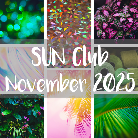 Current moodboard for neon and speckled yarn skeins from the SUN hand-dyed yarn subscription club.